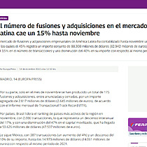 El nmero de fusiones y adquisiciones en el mercado de Amrica Latina cae un 15% hasta noviembre